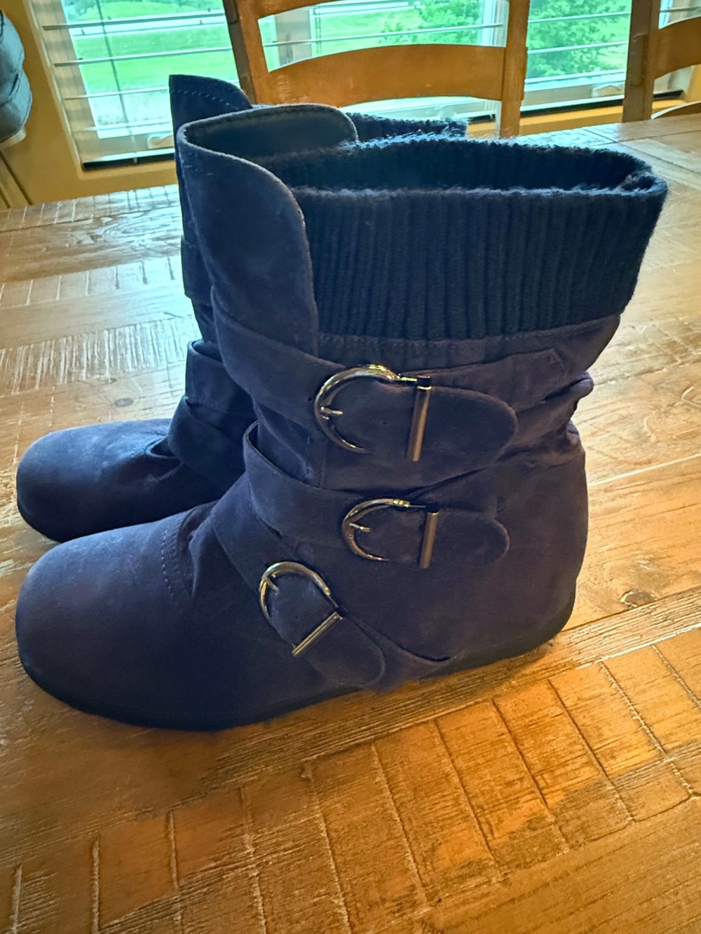 Refresh Navy Buckle Knit-Cuff Ankle Boots